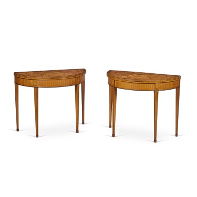 View full screen - View 1 of Lot 112. A Pair of George III Satinwood, Tulipwood and Marquetry Demilune Games Tables, Circa 1780.