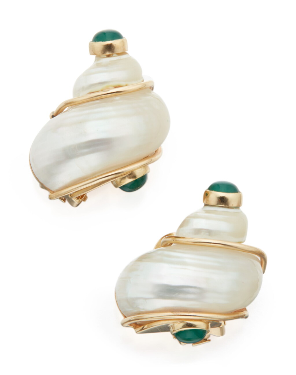 View full screen - View 1 of Lot 106. PAIR OF SHELL AND CHALCEDONY EARCLIPS, SEAMAN SCHEPPS.