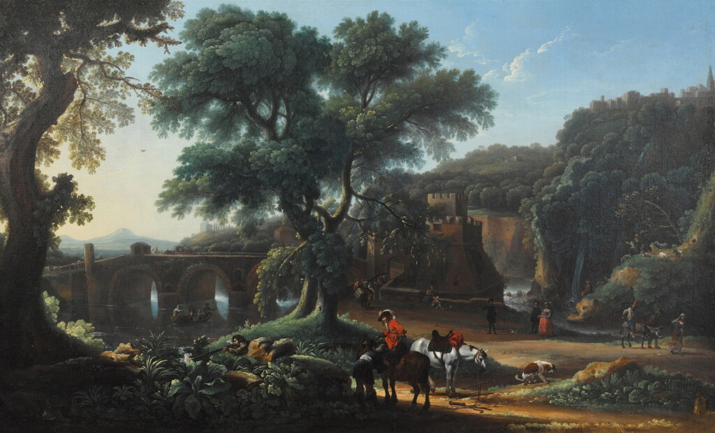 View full screen - View 1 of Lot 24. Romantic landscape with figures by a fortified bridge and the remains of a castle in the background.
