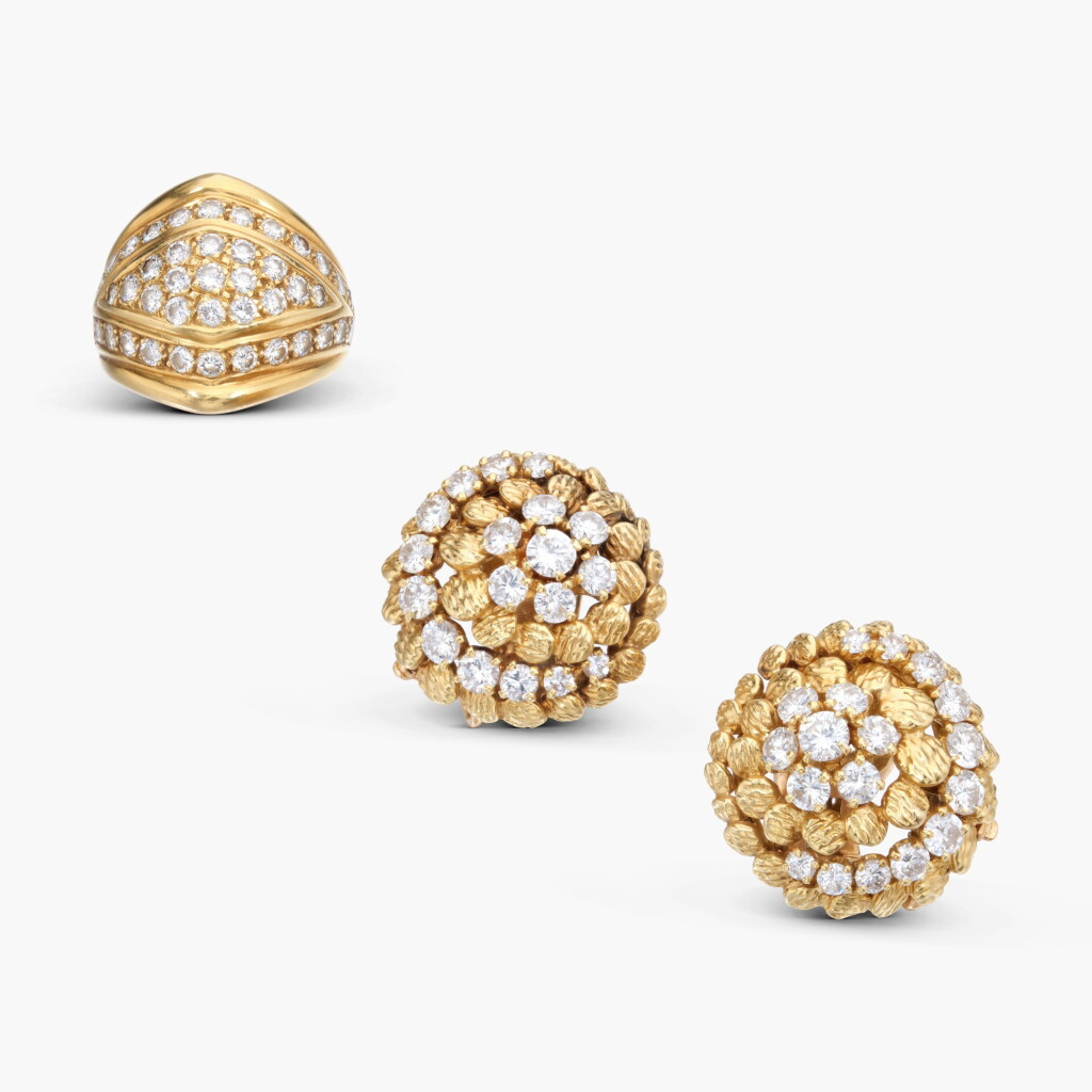 View full screen - View 1 of Lot 928. Pair of Gold and Diamond Earclips and a Ring.