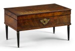 A FRENCH MAHOGANY AND INLAID PALAIS ROYAL 'SPINET' MUSICAL SEWING BOX CIRCA 1820
