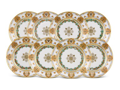 View full screen - View 1 of Lot 198. A SET OF EIGHT PORCELAIN PLATES FROM THE SERVICE OF GRAND DUKE KONSTANTIN NIKOLAEVICH, IMPERIAL PORCELAIN FACTORY, ST PETERSBURG, PERIOD OF NICHOLAS I (1825-1855), 1848-1852.