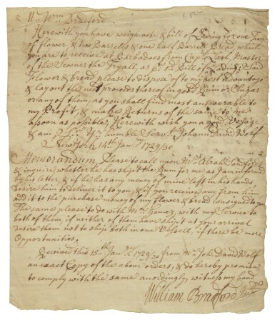 View full screen - View 1 of Lot 2106. Bradford, William. Document signed, New York, 15 January 1729/30,.