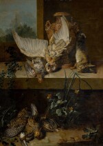 Still life of game on a marble ledge with an elaborate vase, a window and landscape beyond