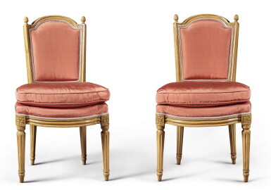 View full screen - View 1 of Lot 870. A PAIR OF LOUIS XVI BEECHWOOD CHAISES EN CABRIOLET BY MICHARD, CIRCA 1775.