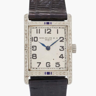View full screen - View 1 of Lot 329. A rare white gold and enamel wristwatch, Circa 1925.