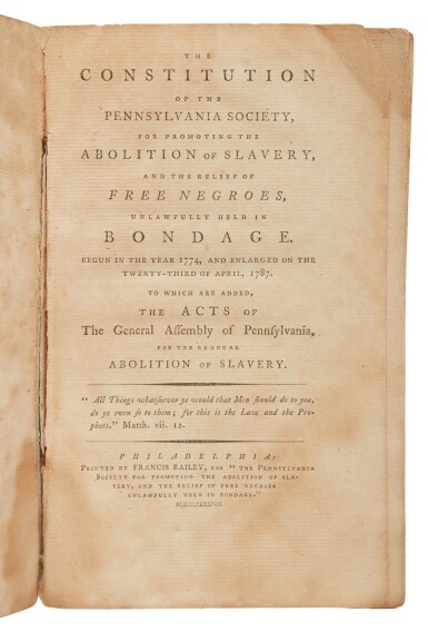 View full screen - View 1 of Lot 75. Abolitionism | The Constitution of the Pennsylvania Society for Promoting the Abolition of Slavery.