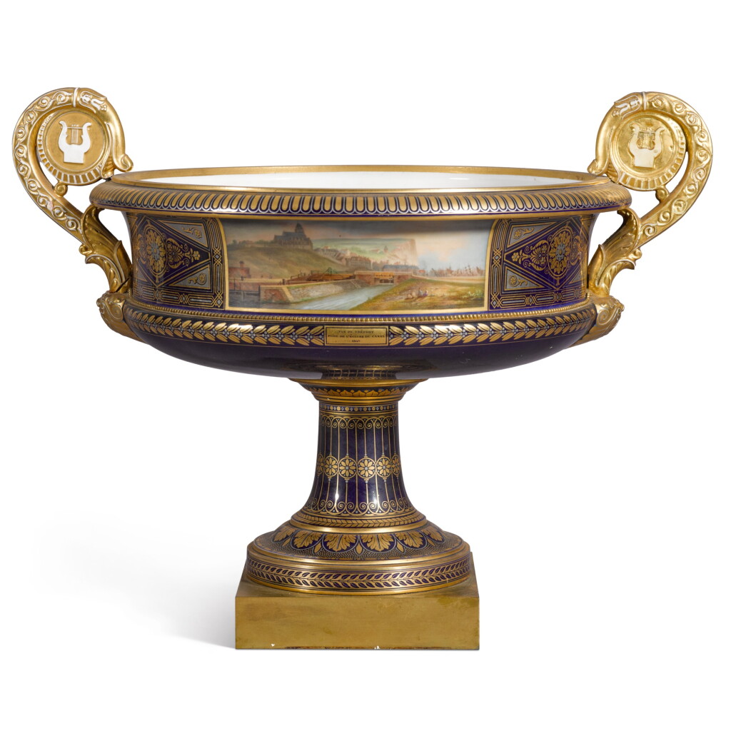 View full screen - View 1 of Lot 118. A Sèvres (Louis Phillipe) dark-blue-ground two-handled pedestal vase (Vase 'Cratère'), 1845.