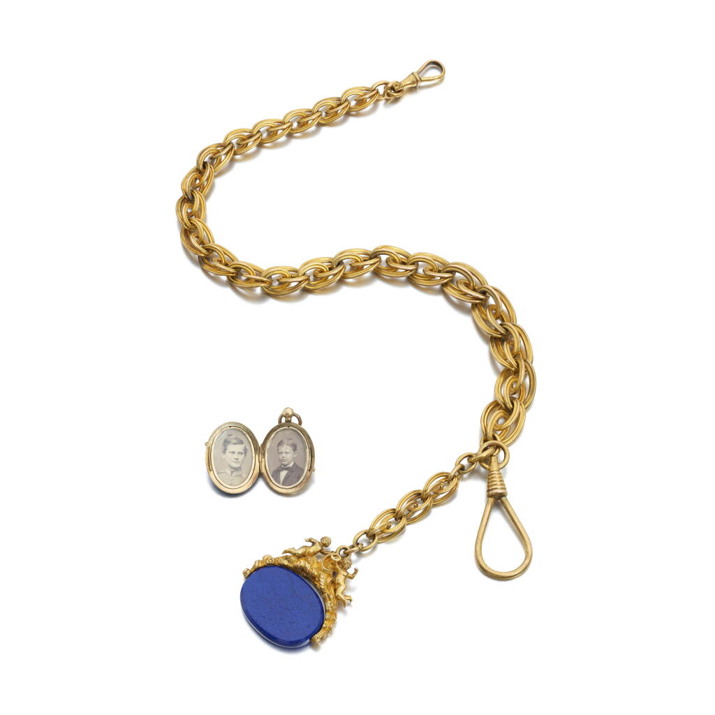 View full screen - View 1 of Lot 1123. Gold and lapis lazuli watchchain, mid-19th century and a collection of jewels.