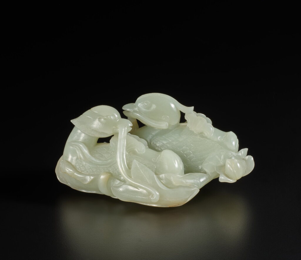 View full screen - View 1 of Lot 278. A large pale celadon jade 'mandarin ducks and lotus' group, Qing dynasty, Qianlong period | 清乾隆 青白玉雕鴛鴦銜蓮擺件.