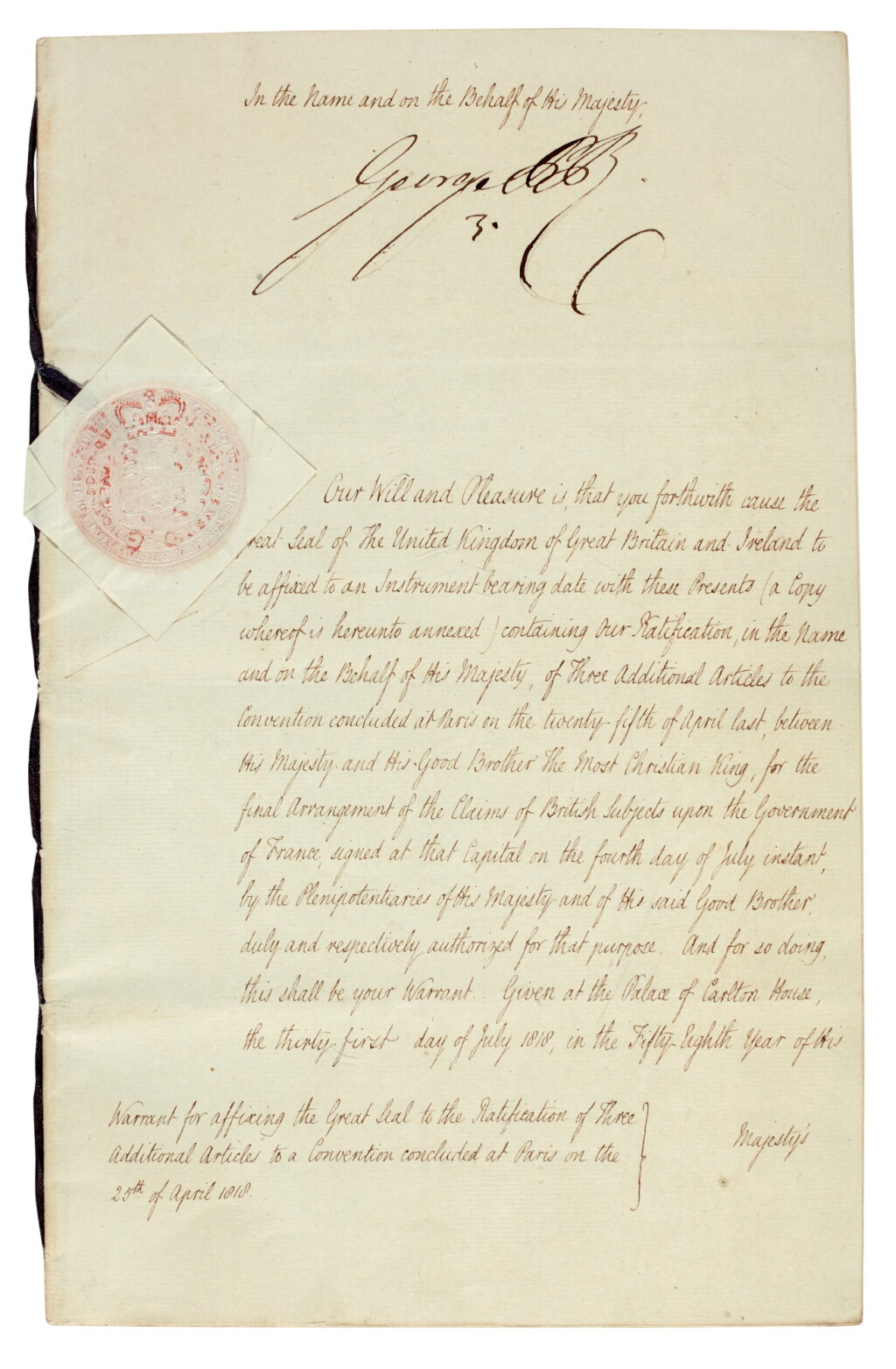 View full screen - View 1 of Lot 73. George IV | document signed, as Prince Regent, 1818.