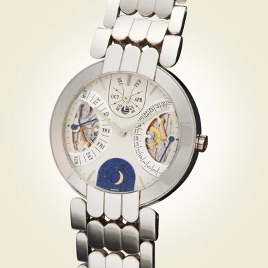 View full screen - View 1 of Lot 316. A platinum semi-skeletonized perpetual calendar wristwatch with bi-retrograde day and date, moon phases, and bracelet, Circa 1990.