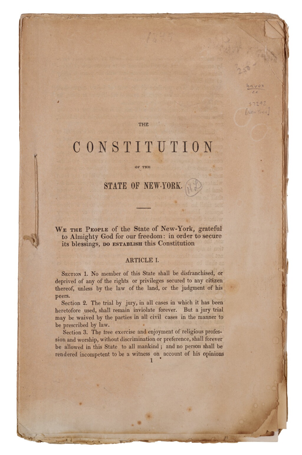 View full screen - View 1 of Lot 167. New York | Evidently a working draft printing of the 1846 New York Constitution.
