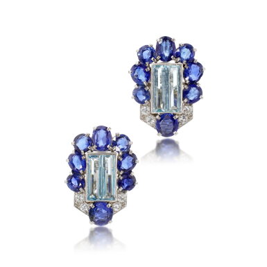 View full screen - View 1 of Lot 765. Pair of aquamarine, sapphire and diamond ear clips, circa 1950.