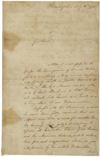View full screen - View 1 of Lot 2271. John Hancock, manuscript letter signed, announcing the adoption of the Declaration of Independence, 6 July 1776.