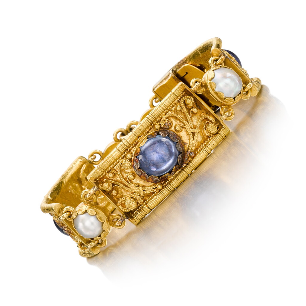 View full screen - View 1 of Lot 79. Archeological Revival sapphire, pearl and gold bracelet, circa 1890.