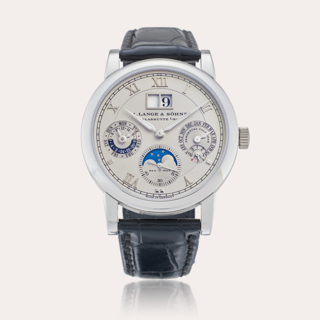 View full screen - View 1 of Lot 28. Reference 310.025 E Sax-O-Mat Langematik Perpetual | A platinum automatic perpetual calendar wristwatch with digital date display, zero-reset mechanism, moon phases, 24 hours and leap year indication, Circa 2010.