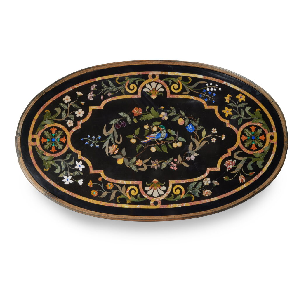 View full screen - View 1 of Lot 169. An Italian Baroque style Pietre Dure Marble Oval and Carved Walnut Center Table, 19th Century .