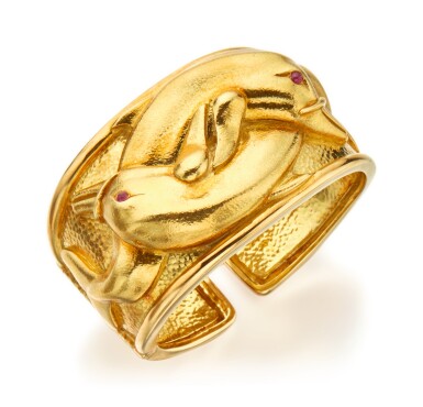 View full screen - View 1 of Lot 1. GOLD AND RUBY CUFF-BRACELET, DAVID WEBB.