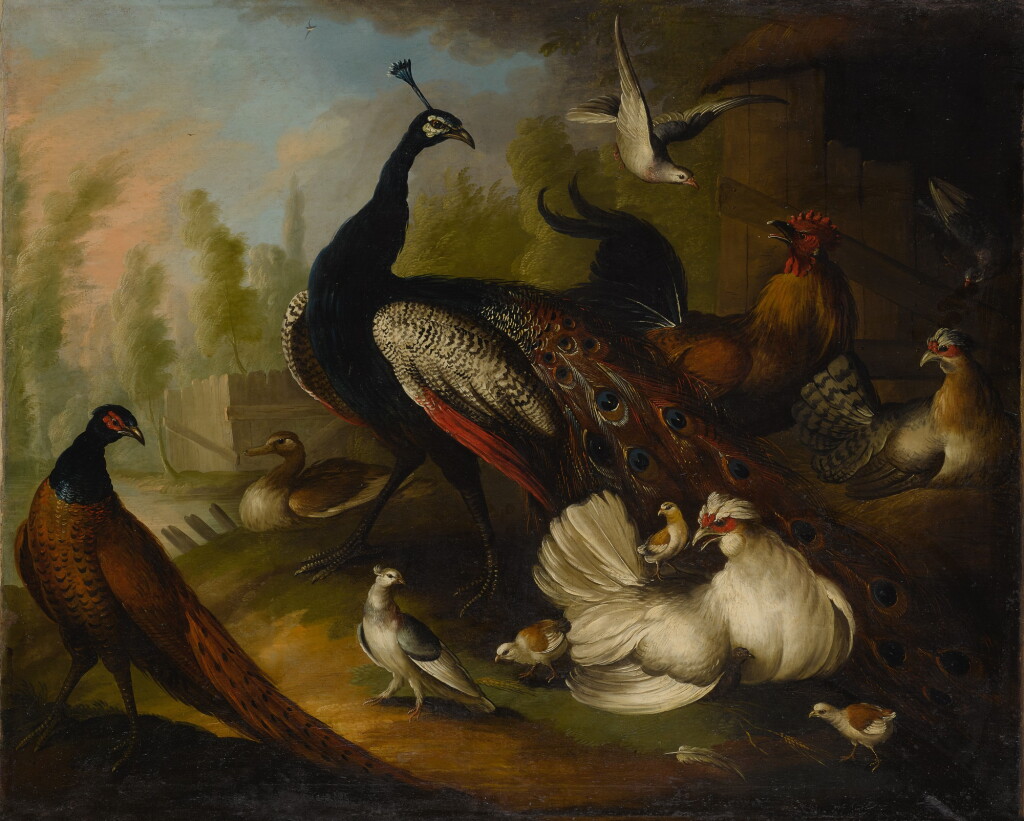 View full screen - View 1 of Lot 32. An assembly of birds in a parkland setting, including a Peacock, hens and a duck.