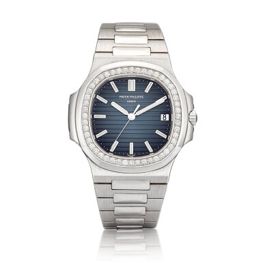 View full screen - View 1 of Lot 8003. Nautilus, Reference 5713 | A white gold and diamond-set bracelet watch with date, Made in 2013 | 百達翡麗 | Nautilus 型號5713 | 白金鑲鑽石鏈帶腕錶,備日期顯示,2013年製.