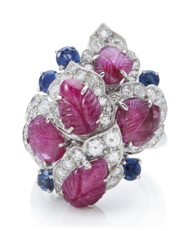 View full screen - View 1 of Lot 1144. RUBY, SAPPHIRE AND DIAMOND RING.