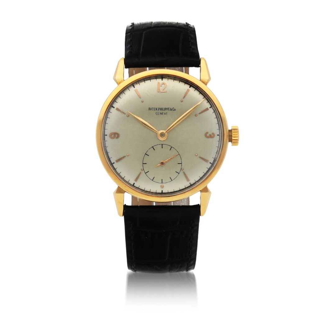 View full screen - View 1 of Lot 24. CALATRAVA, REF 1578 PINK GOLD WRISTWATCH WITH 'SPIDER' LUGS MADE IN 1949.