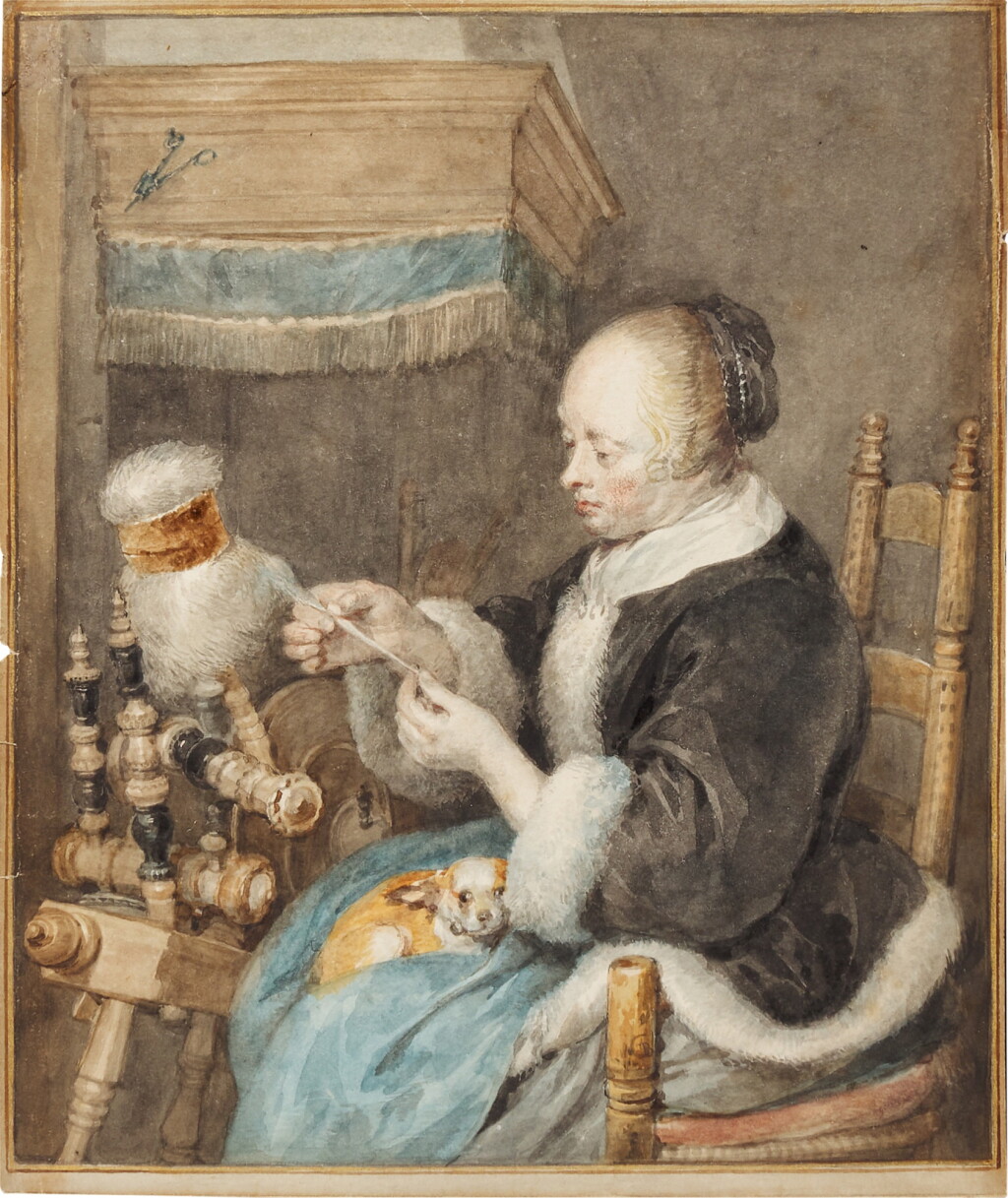 View full screen - View 1 of Lot 128. A woman spinning, after Gerard ter Borch.