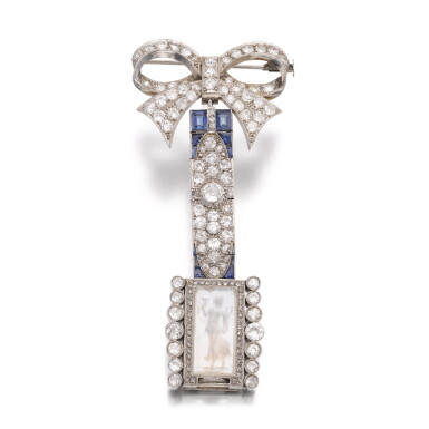 View full screen - View 1 of Lot 437. Sapphire and diamond lapel-watch, composite.