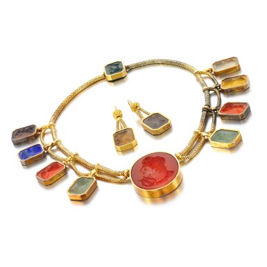 View full screen - View 1 of Lot 11. RETAILED BY HUNT & ROSKELL | HARDSTONE INTAGLIO DEMI-PARURE.