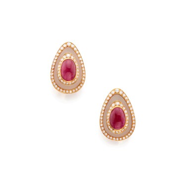 View full screen - View 1 of Lot 236. Pair of Ruby, Diamond and Rock Crystal Earclips, France.