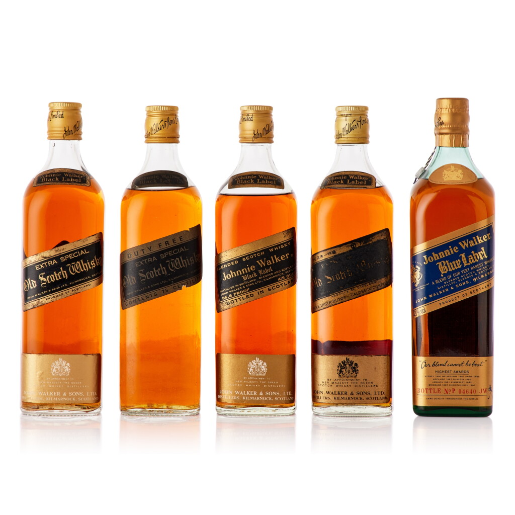 View full screen - View 1 of Lot 447. Johnnie Walker Black Label and Blue Label Mixed Lot 43.0 abv NV (5 BT75).