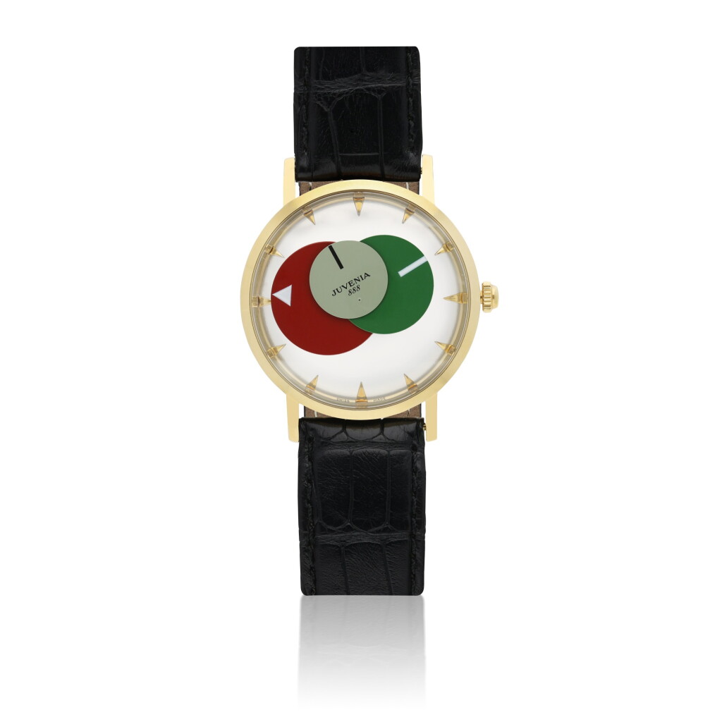 View full screen - View 1 of Lot 90. JUVENIA | REF 9671, A YELLOW GOLD DISC DIALED WRISTWATCH CIRCA 1970.