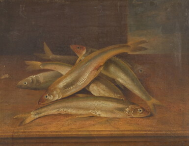 View full screen - View 1 of Lot 83. Still life of freshwater fish, probably Dace, on a table.