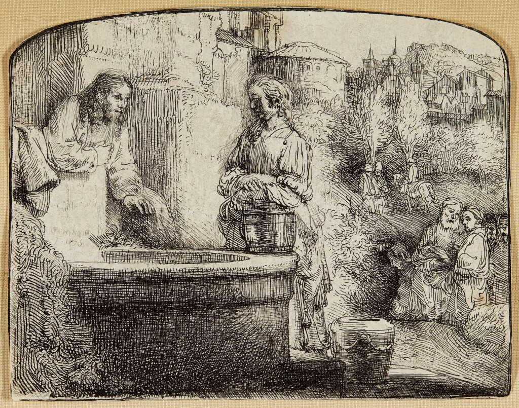 View full screen - View 1 of Lot 33. Christ and the Woman of Samaria: An Arched Print (B., Holl. 70; New Holl. 302; H. 70).