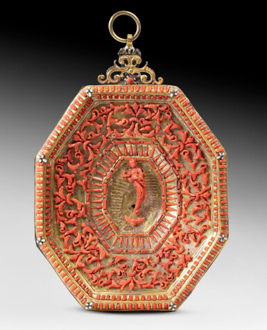 View full screen - View 1 of Lot 8. A gilt copper and coral plaque, Trapani, circa 1680 | Plaque dite "Cappezale" en cuivre doré et corail, Trapani, circa 1680.