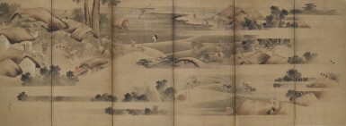 View full screen - View 1 of Lot 2043. Katsushika Hokusai (1760–1849), Rice Cultivation in the Four Seasons (Shiki kosaku zu), Edo period, early 19th century | 葛飾北斎 「四季耕作図屏風」 江戸時代後期 19世紀初頭.