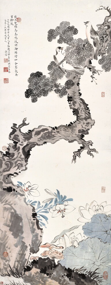 View full screen - View 1 of Lot 3009. 溥儒 和合百齡 | Pu Ru, Birds on Longevity Cypress.