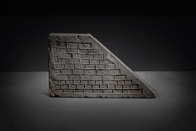 View full screen - View 1 of Lot 523. A group of two impressed trapezoidal gray pottery 'rider and chariot' tomb tiles, Western Han dynasty.