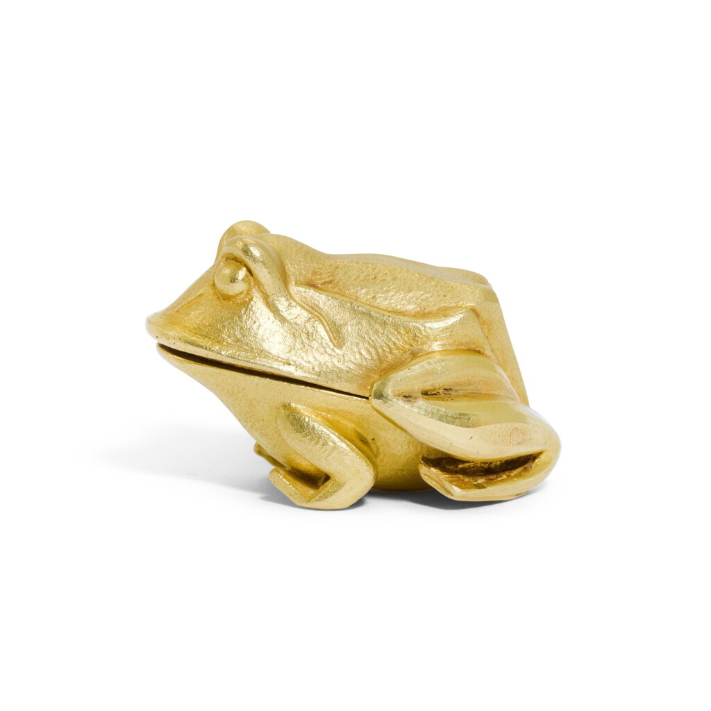 View full screen - View 1 of Lot 141. A Tiffany pill box in the shape of a frog, French, circa 1970.