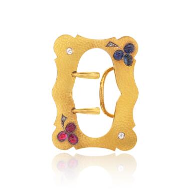 View full screen - View 1 of Lot 1008. Gold, ruby, sapphire and diamond belt buckle, circa 1900.