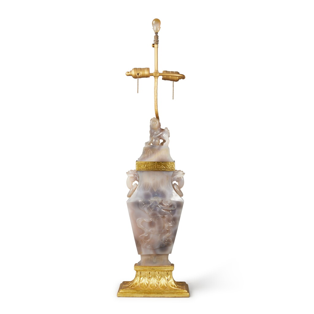 View full screen - View 1 of Lot 269. A Chinese Carved Figural Agate Vase | 瑪瑙雕獻壽圖蓋瓶 後改裝為臺燈.