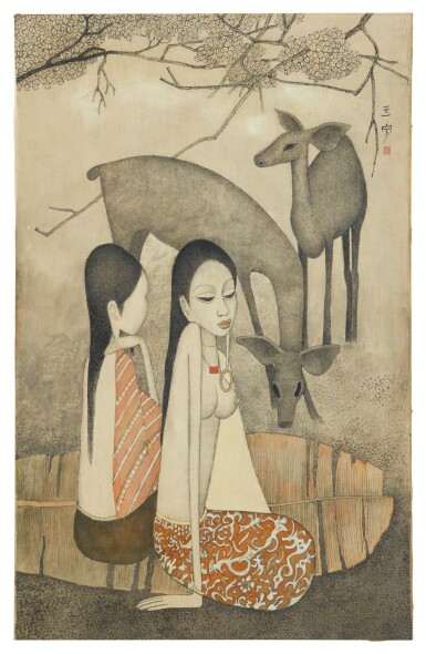 View full screen - View 1 of Lot 1012. Cheong Soo Pieng 鍾泗濱 | Sisters and deer 姐妹與鹿.