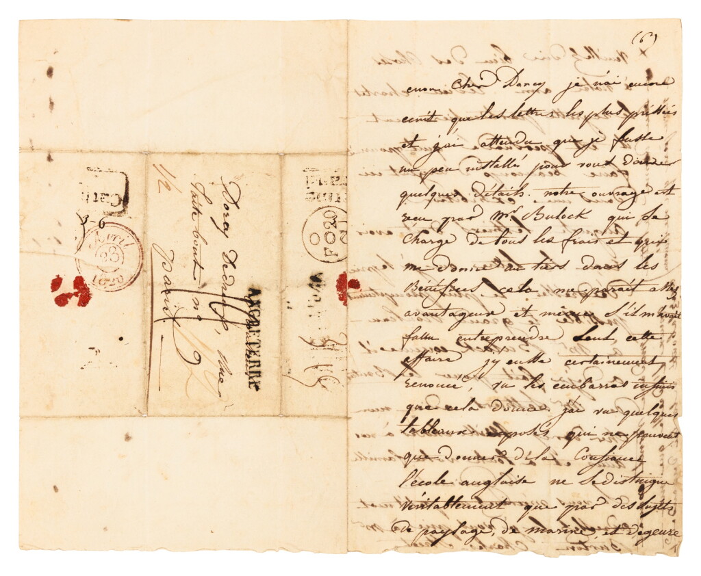 View full screen - View 1 of Lot 39. Lettre autographe signée à son ami Dedreux-Dorcy, à propos de l'exposition à Londres du "Radeau de la Méduse"..