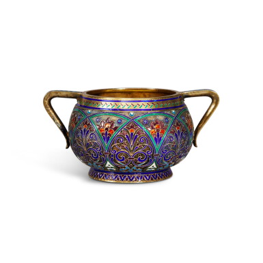 View full screen - View 1 of Lot 88. A silver-gilt, cloisonné and champlevé enamel two-handled sugar bowl, Antip Kuzmichev, retailed by Tiffany & Co., Moscow, 1899-1908.
