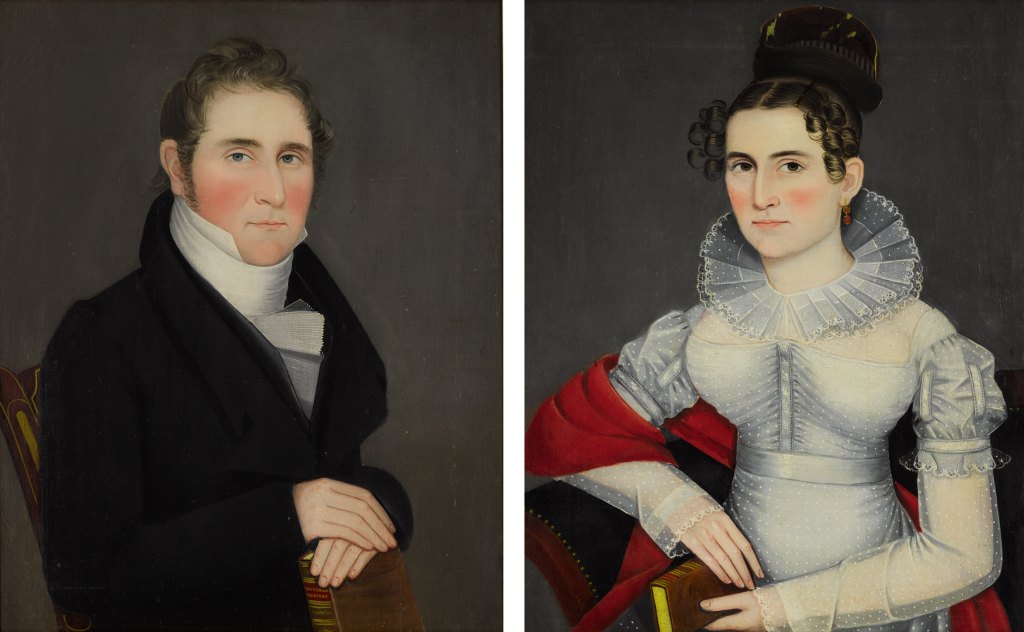 View full screen - View 1 of Lot 1106. ATTRIBUTED TO AMMI PHILLIPS | PAIR OF PORTRAITS: SAMUEL AND LETITIA SLOANE.