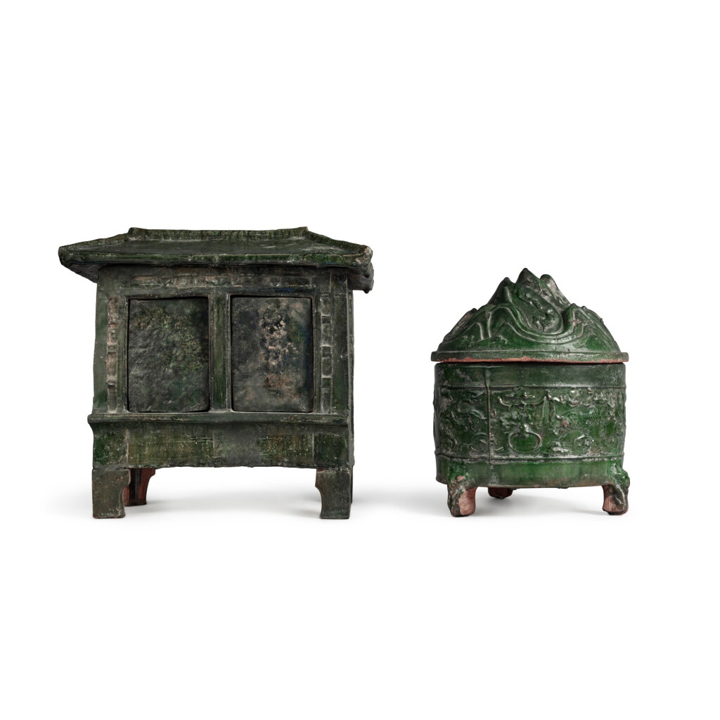 View full screen - View 1 of Lot 665. Two green-glazed articles, Han dynasty | 漢 綠釉器兩件.