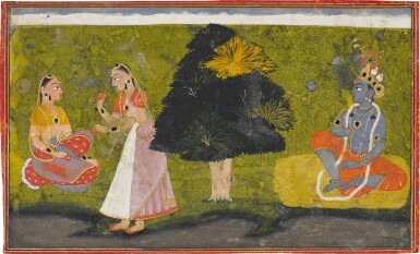 View full screen - View 1 of Lot 163. An illustration from the Gita Govinda: Krishna waiting for Radha, attributed to Manaku, India, Guler, 1730.