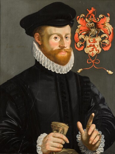 View full screen - View 1 of Lot 112. NORTH NETHERLANDISH SCHOOL, 1575 | PORTRAIT OF A GENTLEMAN, HALF-LENGTH, WEARING A RUFF AND A BLACK HAT, HOLDING GLOVES.