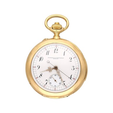 View full screen - View 1 of Lot 251. A yellow gold open faced quarter repeating chronograph watch, Circa 1890.